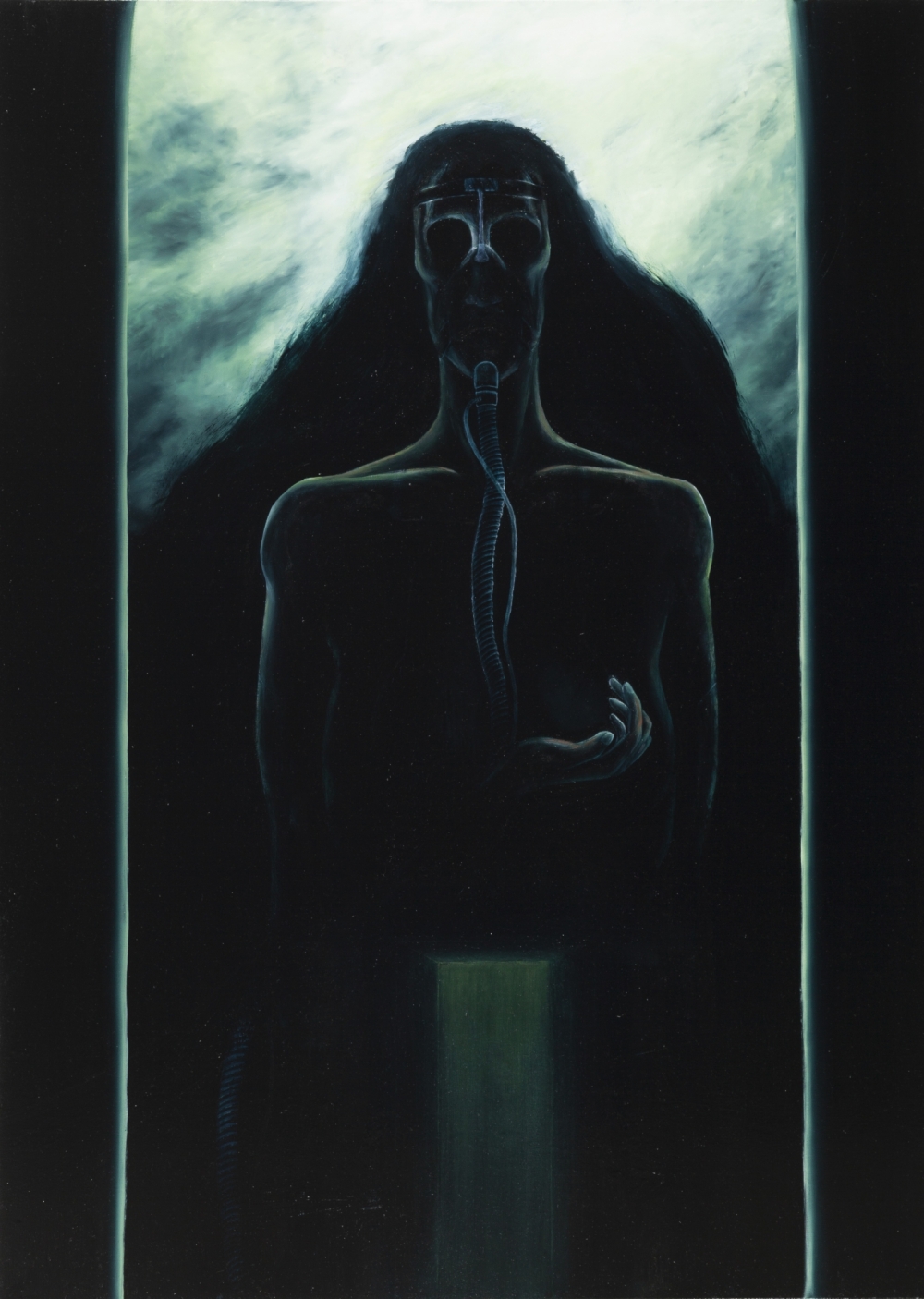Gemälde von Michael Tauschke Motherboard Öl auf Leinwand;Öl auf Leinwand,164 x 120 cm,Motherboar, Mutter, Gaia, Himmel, Beatmung, Athemmaske, Tot, Leben, Kind, Geburt, Schwanger, Licht, Lasur; 