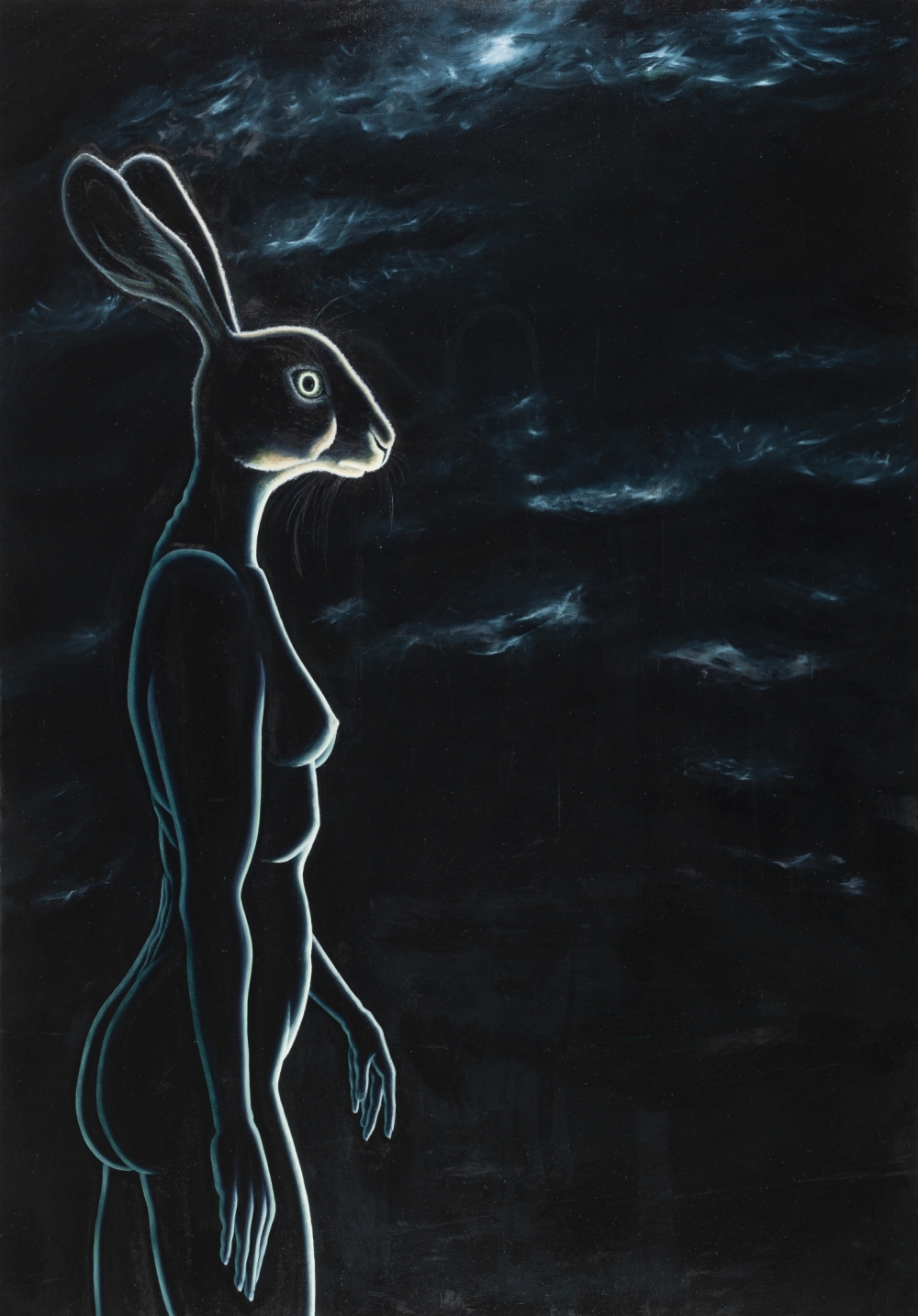 Gemälde von Michael Tauschke Sexy Bunny Öl auf Leinwand;Öl auf Leinwand,200 x 140 cm,Sexy, Bunny, Himmel, Licht, Hase, Hasenkopf, Frau, Frauenkörper, Licht, Lasur; 