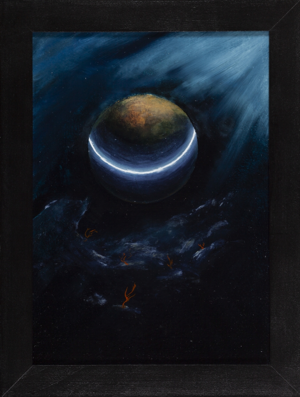 Gemälde von Michael Tauschke UAP Öl auf Leinwand mit Rahmen;Öl auf Leinwand,32 x 23 cm,und Rahmen;UAP, UFO, Unterwasser, Koralle, Licht, Lasur, Rahmen; 